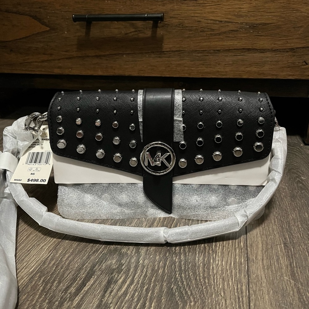 MICHAEL Michael Kors MD CONV SHLDR Leather Bag with silver finishes